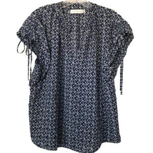 Bishop + Young Blue Cream Floral Cottagecore Short Sleeve Top Size M Office